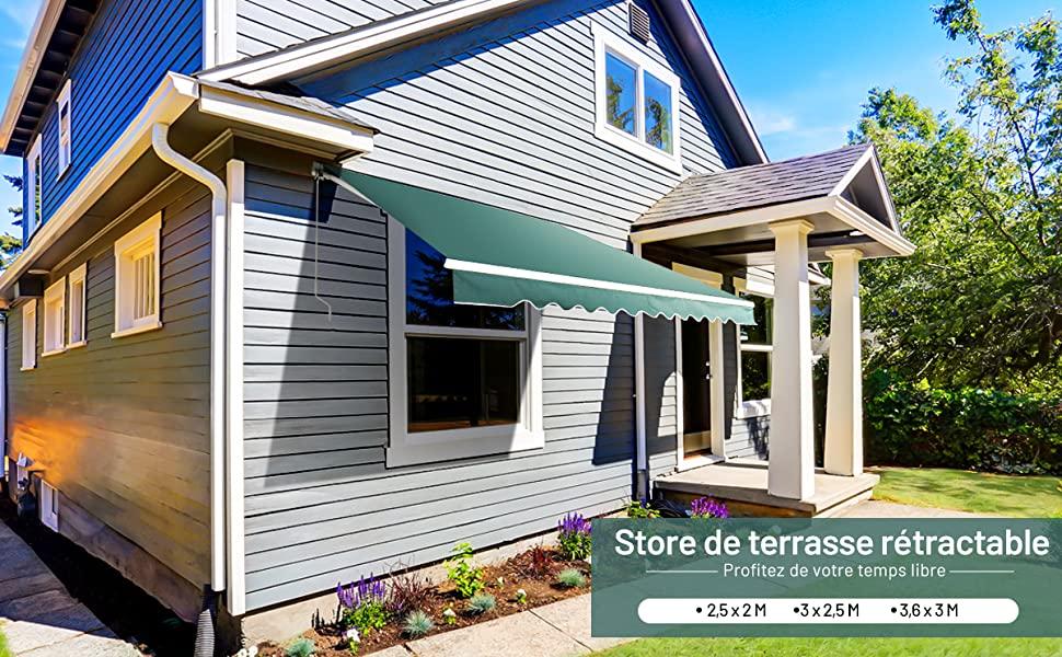 Store Banne de Balcon Retractable 3x2,5M Tissu Resistant aux UV et a lEau Angle Réglable 5-35° Vert