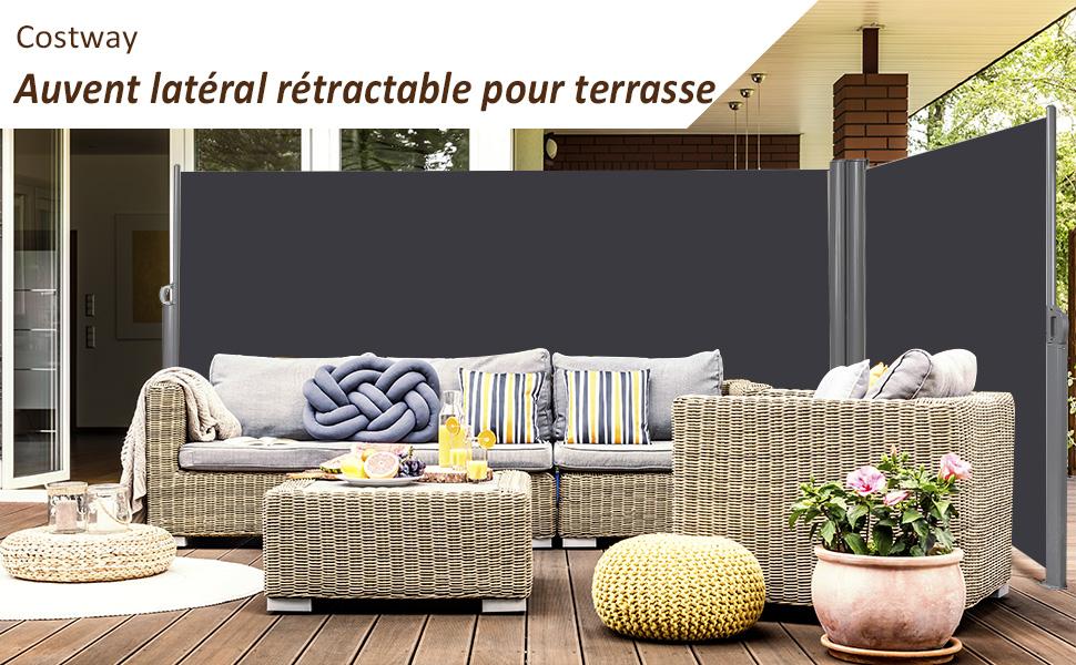 Auvent Lateral Retractable Double 160x600CM en Aluminium et Tissu Polyester Resistant aux UV Gris Fonce