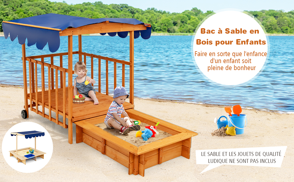 Relaxdays Bac à sable avec toit réglable, HxLxP: 117x117x117 cm, jeu  extérieur, enfants textile sol, bois sapin,naturel