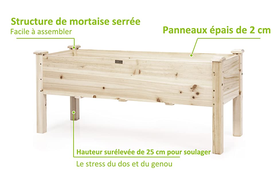 Jardinier surelevée potager sur pieds 123 x 57 x 76cm en bois avec