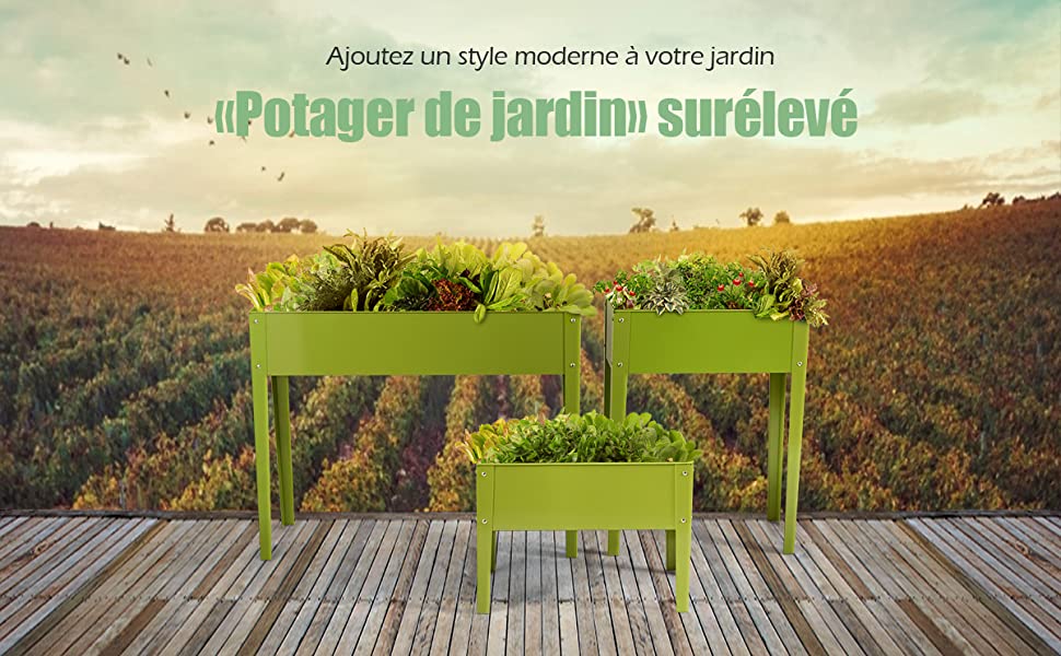 Jardiniere Surelevee en Métal Carre Potager sur Pied avec 2 Trous de Drainage Vert 101 x 31 x 80 CM
