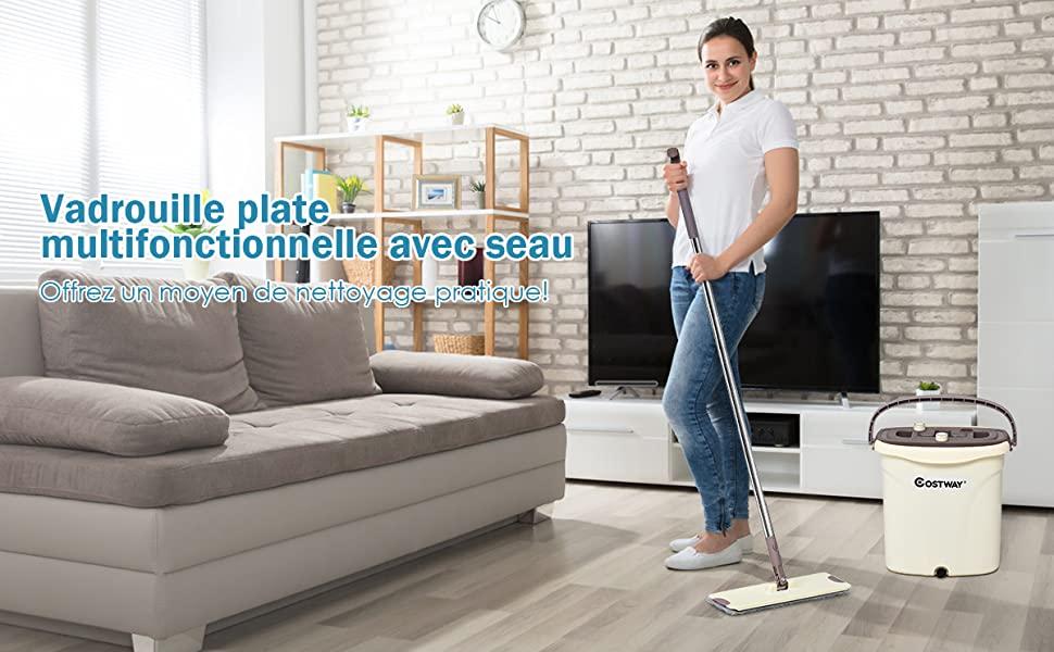 Ensemble De Balai et Seau sans Lavage Tige avec 2 Chiffons de Balai et 1 Bouteille Humidité Réglables à 3 Niveaux
