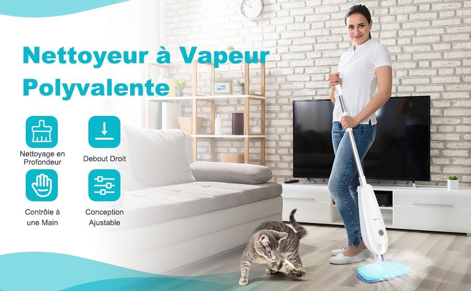  Balai Vapeur Portable 1300W avec Reservoir dEau 250 ml 3 Accessoires Hauteur Reglable Tuer Jusqua 99,9% des Germes Blanc