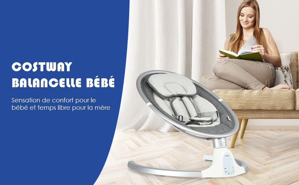 Balancelle Bebe Electrique Programmable 5 Modes dAngle 5 Vitesses 10 Chansons Bluetooth Moustiquaire Amovible Oreiller Gris