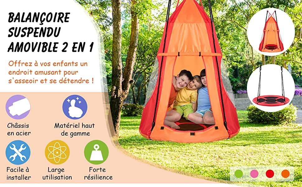 Balançoire Nid dOiseau Rond 100CM avec Tente Detachable Balancoire dArbre Hauteur Reglable 100-160CM Rose