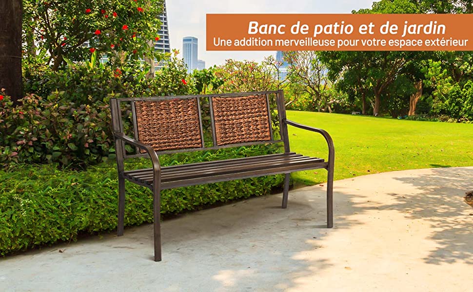 Banc de jardin avec Dossier en Rotin et Accoudoirs Cadre en Fer 2-3 Places pour Interieur et Exterieur Bronze + Brun