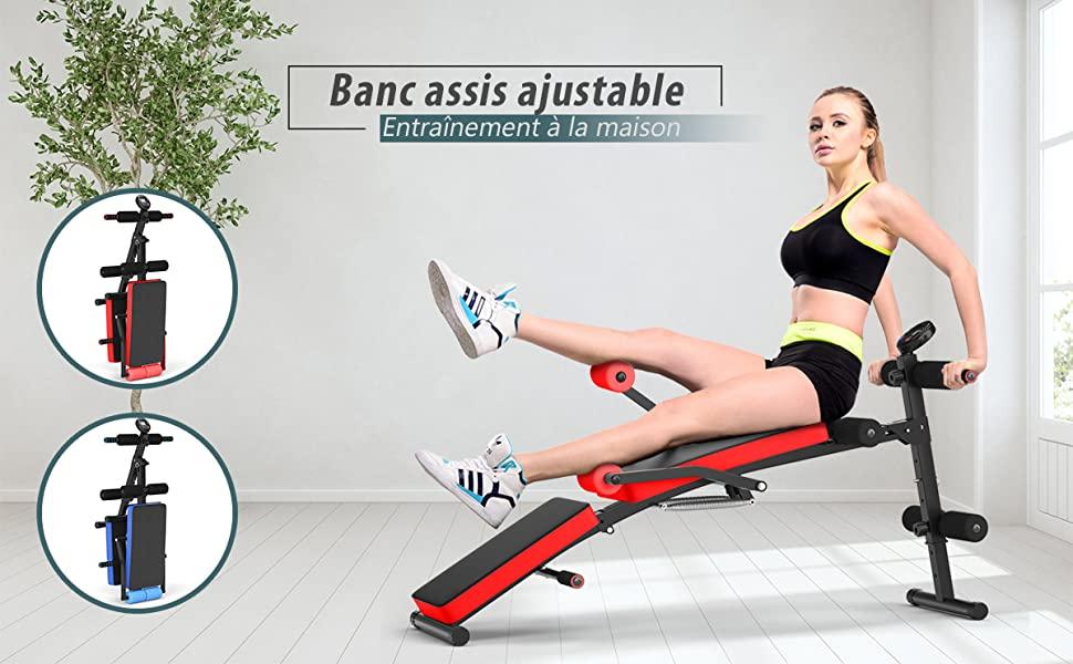 Banc de Musculation Pliable Abdos et Sit-up avec 5 Rouleaux de Mousse Charge 130KG Noir et Rouge