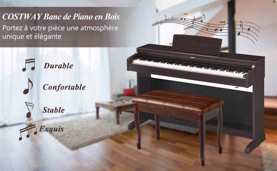 Banquette pour Piano avec Coussin en Cuir Rembourre Confortable et Compartiment de Rangement Marron