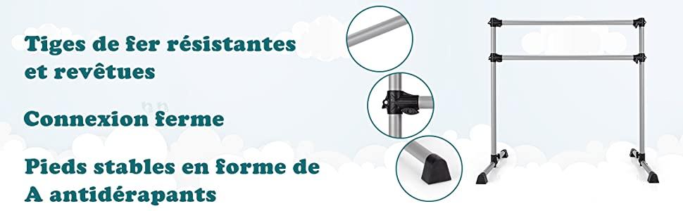Double Barre de Ballet Portable de Hauteur Réglable pour étirements Pilates Danse 120 cm Argent