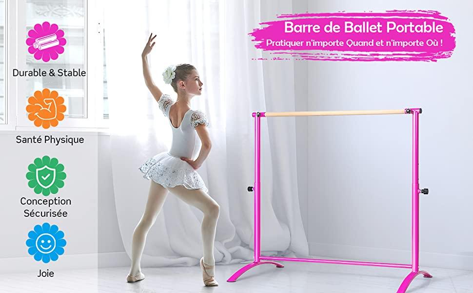 Barre de Danse Autoportante Hauteurs Reglables sur 4 Positions 100-130 cm en Bois de Hetre Patins Antiderapants Rose