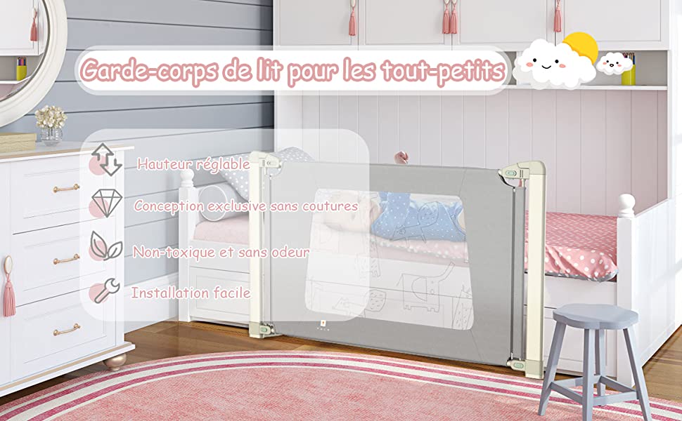 Draagbaar babybed veiligheidshek 150 cm in hoogte verstelbaar verticaal heffend dubbel veiligheidsslot grijs