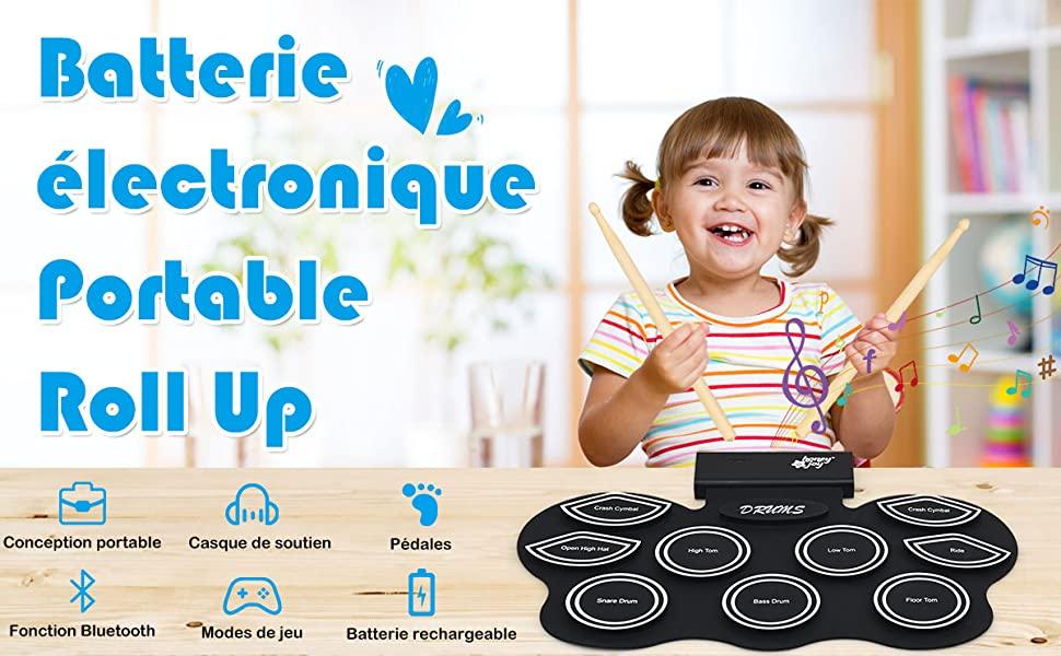 Batterie Electronique LED Portable Roll Up Tambour avec 9 Pads en Silicone Bluetooth Enregistrement et Lecture Prise Casque Audio MP3 Pedale