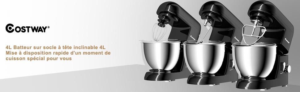 Robot Patissier 1300W Batteur Electrique avec Bol dAcier Inox 4L a 6 Vitesses Reglables avec Batteur Fouet Crochet Noir