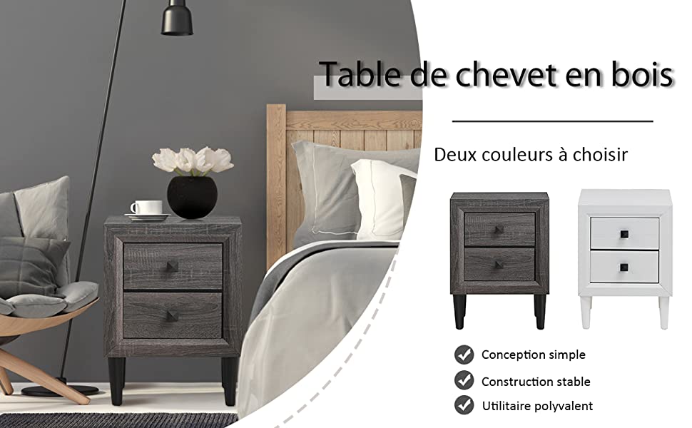 Table de Chevet Moderne avec 2 Tiroirs 40 x 39,5 x 55 CM Table de Nuit avec Pieds en Bois Massif et Poignees