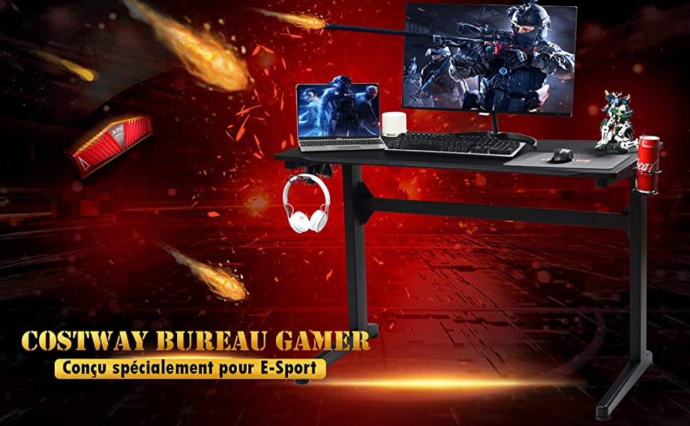 COSTWAY Bureau Gaming 120 x 64 cm, Bureau Gamer avec 2 Porte-Ecouteurs,  Porte-gobelet, Support