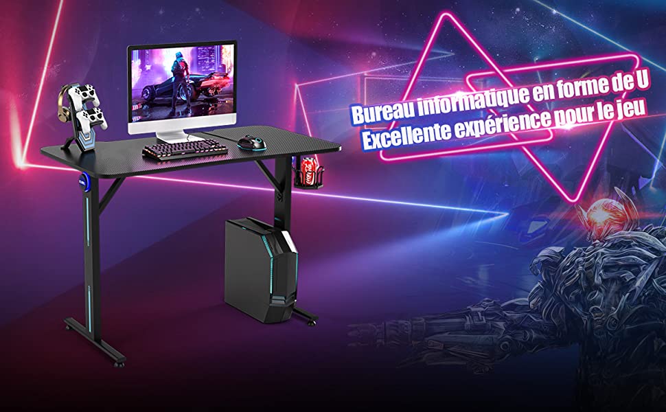 Bureau Gamer Table Gaming pour PC Informatique avec LED Support de Manette et Porte-Gobelet