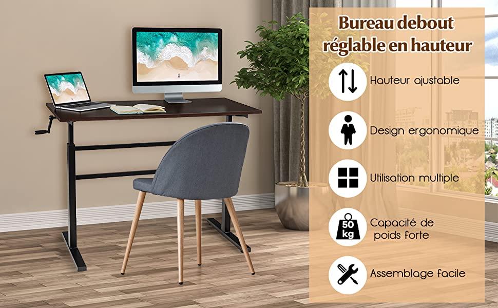 Bureau Assis Debout Réglable en Hauteur 75-113CM avec Manivelle Pliable Cadre en Acier 