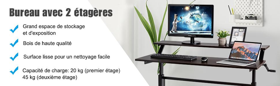 Bureau Assis Debout Reglable en Hauteur 75-113cm avec Manivelle Pliable Mabuel Table dOrdinateur Egonomique Noir