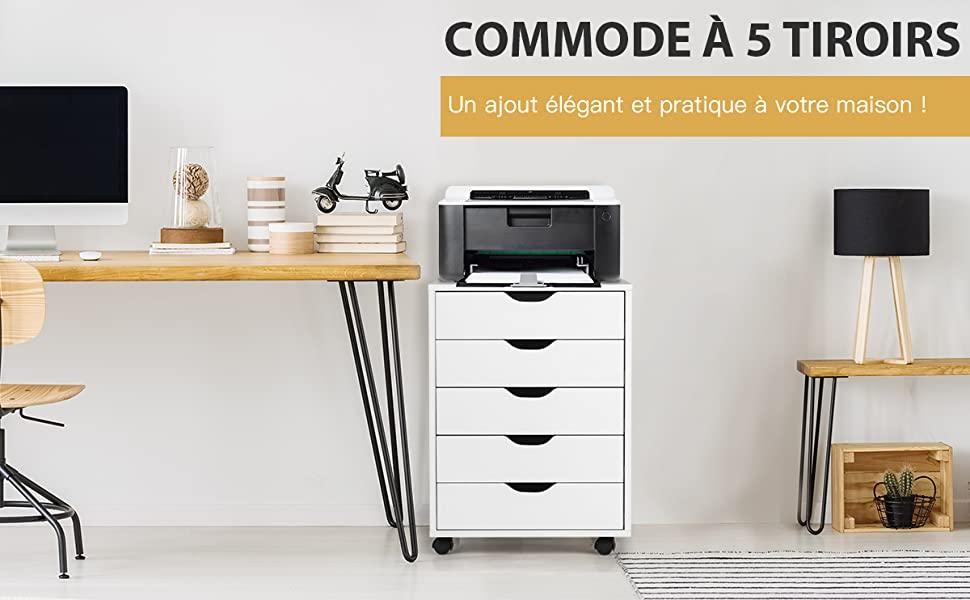 Caisson Mobile et Vertical a Roulettes avec 5 Tiroirs Poignée Incurvee et 2 Roues avec Frein 49,5 x 42 x 67 cm Blanc