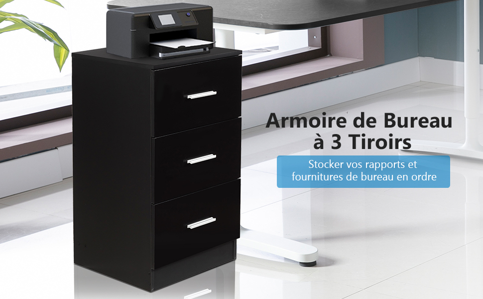  Caisson de Bureau Meuble de Rangement avec 3 Tiroirs pour Documents Noir