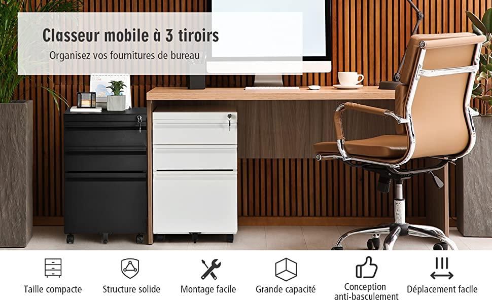 Caisson de Bureau a Roulettes avec 3 Tiroirs 5 Roues et Barre de Suspension pour Formats Juridiques/Lettres/A4 Blanc