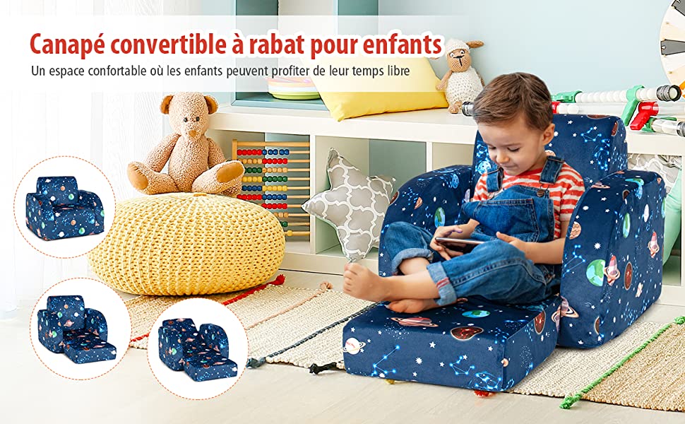 Canapé Lit Convertible pour Enfants 3 en 1 Fauteuil Rembourré pour  Tout-petits Bleu - Costway