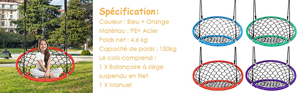 Fauteuil Hamac Suspendu en Filet en Hauteur Reglables 100-160CM et Cadre en Acier Charge Max 150Kg 
