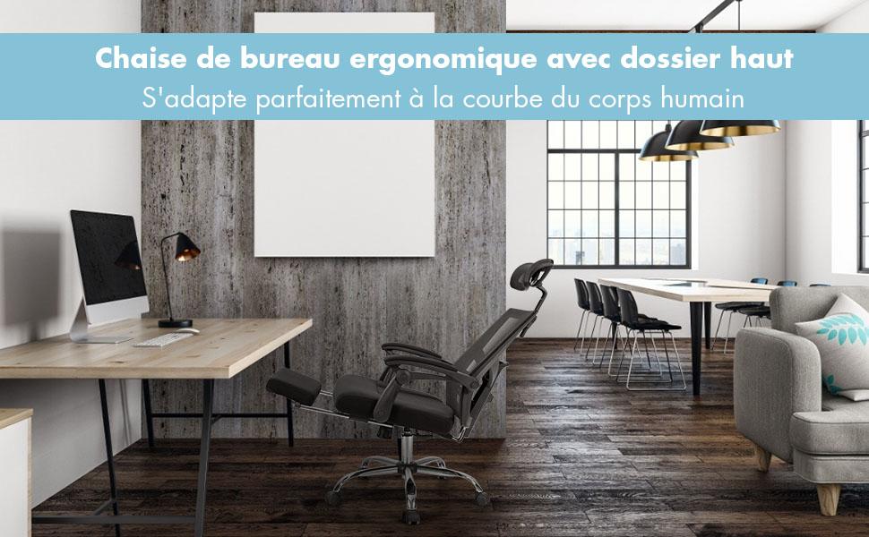 Chaise de Bureau Inclinable a Roulette en Maille avec Repose Pieds Dossier/Oreiller Réglable Charge 120KG
