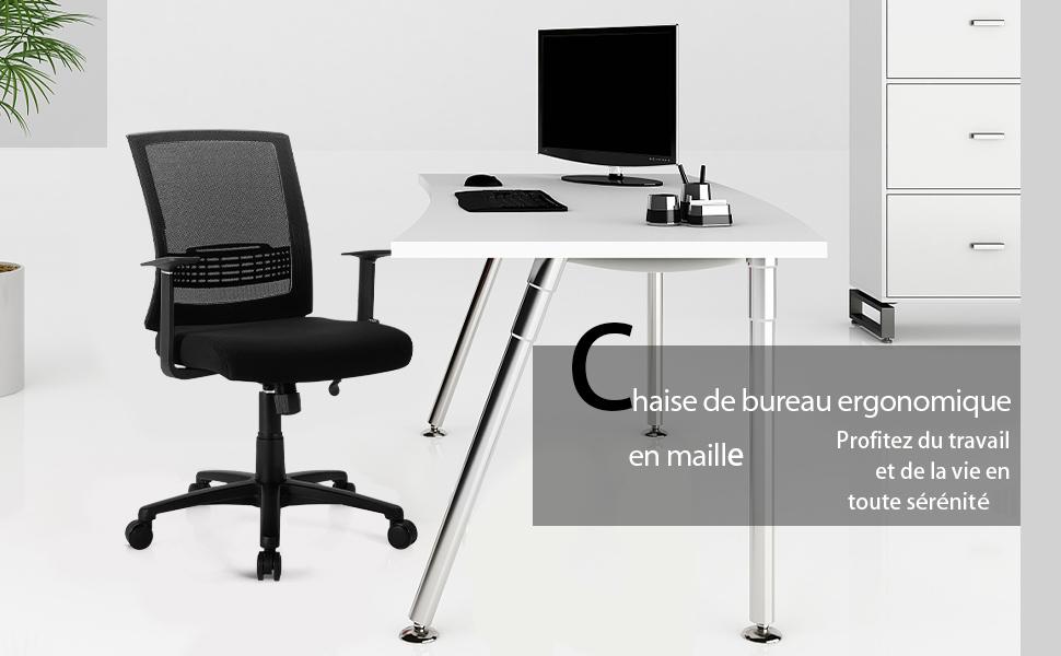 Fauteuil de Bureau avec Soutien Lombaire Siege Rembourre Pivotant Hauteur Reglable en Maille Respirante Noir Charge 125 kg
