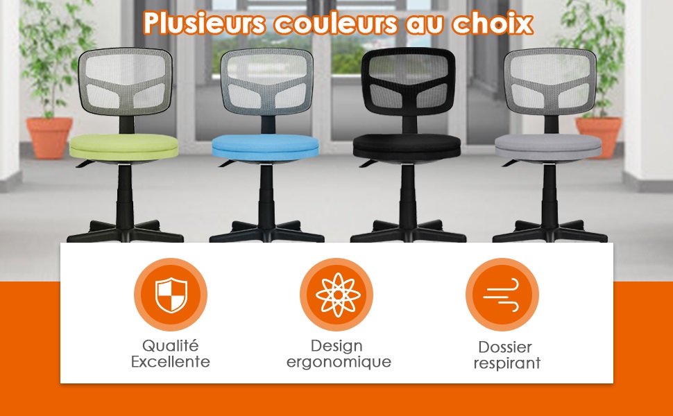 Chaise de Bureau a Roulettes sans Accoudoirs Hauteur Reglable Support en Y avec Housse Amovible Noir