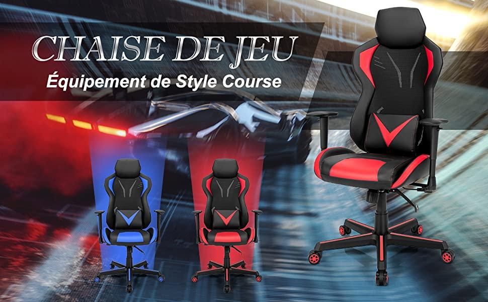 Chaise Gamer Fauteuil de Gaming Ergonomique a Roulettes Pivotante avec Support de Colonne Vertebrale 3D Rouge et Noir