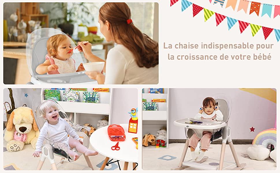 Chaise Haute Bebe Convertible 3-en-1 Hauteur Reglable Siege Inclinable avec Plateau Amovible Repose-pieds Sac de Rangement