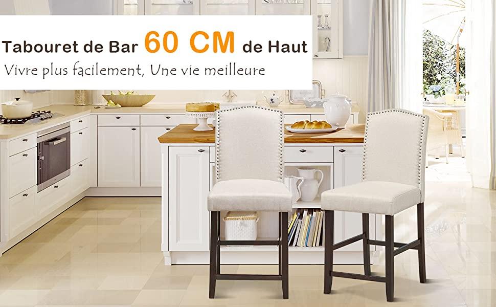 Lot de 2 Chaises de Bar avec Coussin Epais Pieds en Bois dHevea Charge max.120 KG Beige