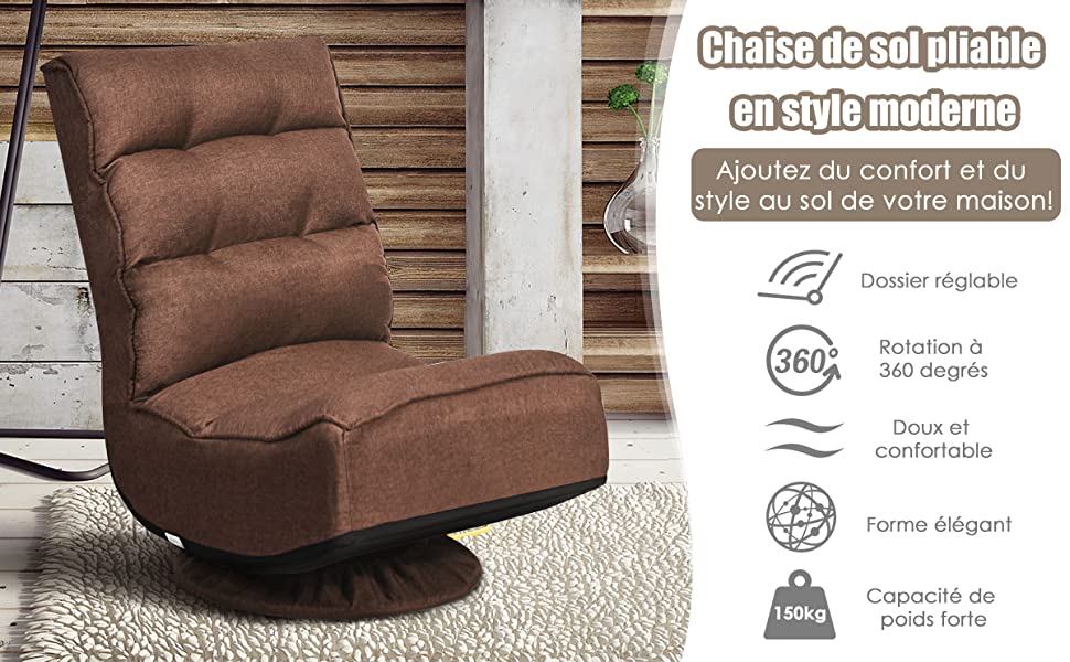 Chaise Relax Pliable et Reglable en 5 Positions Pivotant 360 Degres Rembourree Confortable Cafe