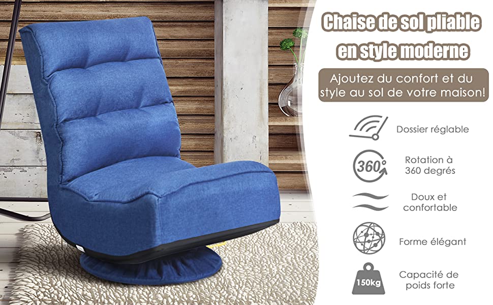 Chaise Relax Pliable et Reglable en 5 Positions Pivotant 360 Degres Rembourree Confortable Bleu violace