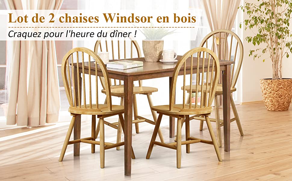 Lot de 2 Chaises de Salle a Manger en Bois d'Hevea avec Dossier 47x47x93 cm pour Salle a Manger/Cuisine/Restaurant Naturel