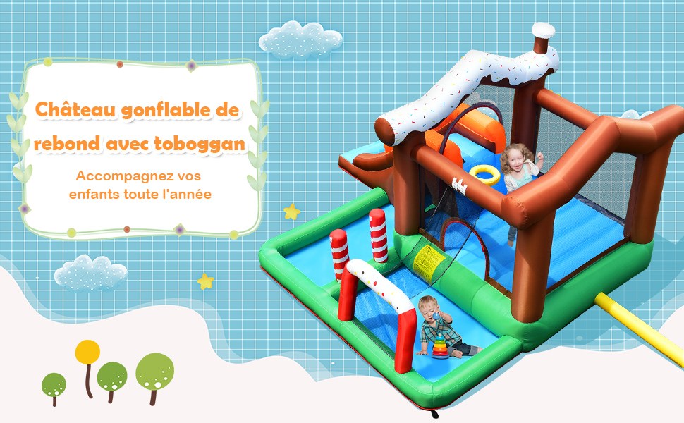 Chateau Gonflable pour Enfants avec Toboggan Cercle de Basket-ball Fosse Mur dEscalade Filet de Securite sans Souffleur
