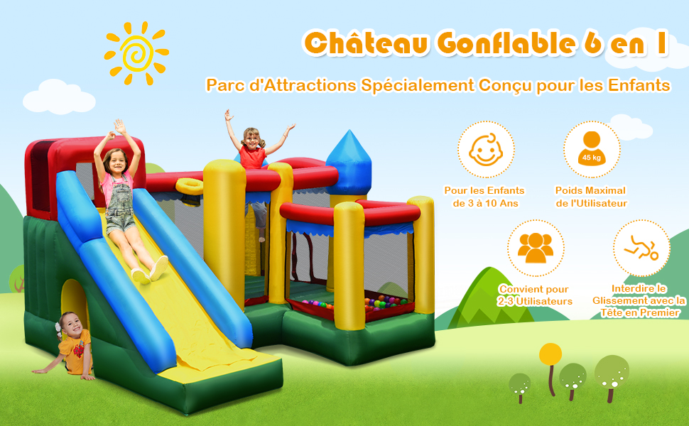 Chateau Gonflable 4 en 1 pour Enfant 3-10 Ans avec Toboggan Aire de Saut Mur d’Escalade Panier de Basketball