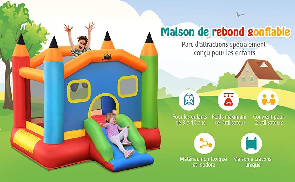 Chateau Gonflable pour 3 Enfants avec Toboggan Charge 90KG Souffleur Non-Inclus