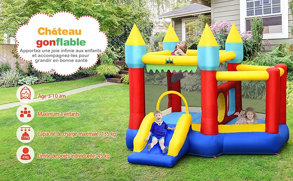 Chateau Gonflable pour 3 Enfants avec Toboggan 100 Balles Charge 135KG Souffleur Non-Inclus