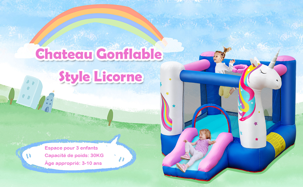  Chateau Gonflable pour Enfants avec Toboggan Panier de Basket Theme Licorne Housse de Transport Piquets sans Souffleur