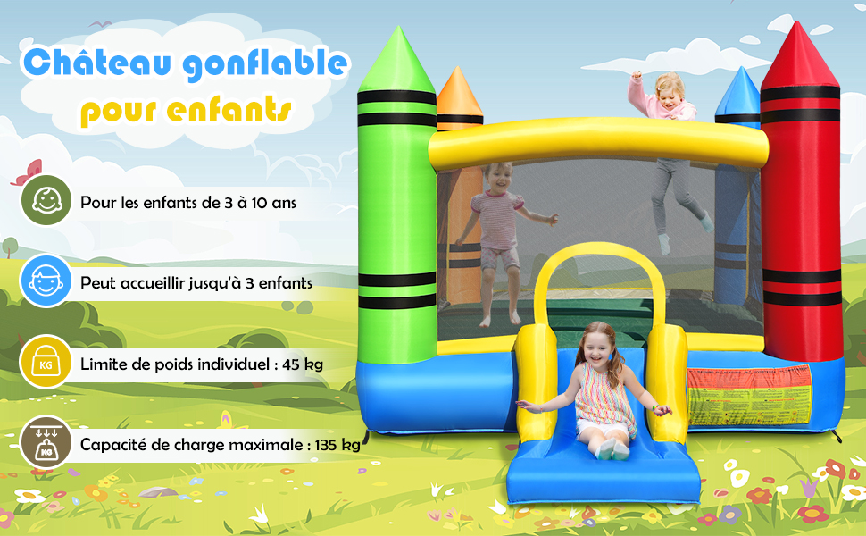 Chateau Aire de Jeux Gonflable avec Toboggan et Balles de Jeux pour Enfants Ventilateur 480 W(Non Inclus)  Hauteur 226 cm 