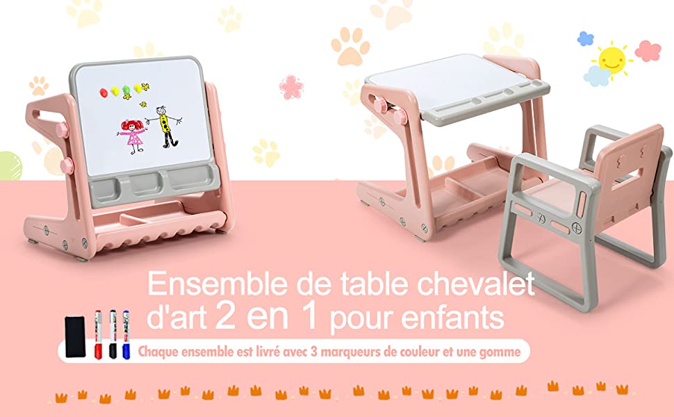 Table et Chaise a Dessin pour Enfant Inclinable avec Tableau Magnetique Reglable Inclus Grand Espace de Stockage Rose