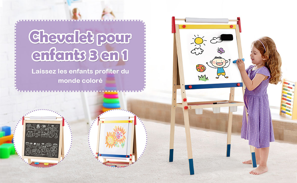  3 en 1 Chevalet de Peintre pour Enfants avec Rouleau de Papier Tableau Magnetique Blanc et Noir en Bois de Pin Hauteur Reglable