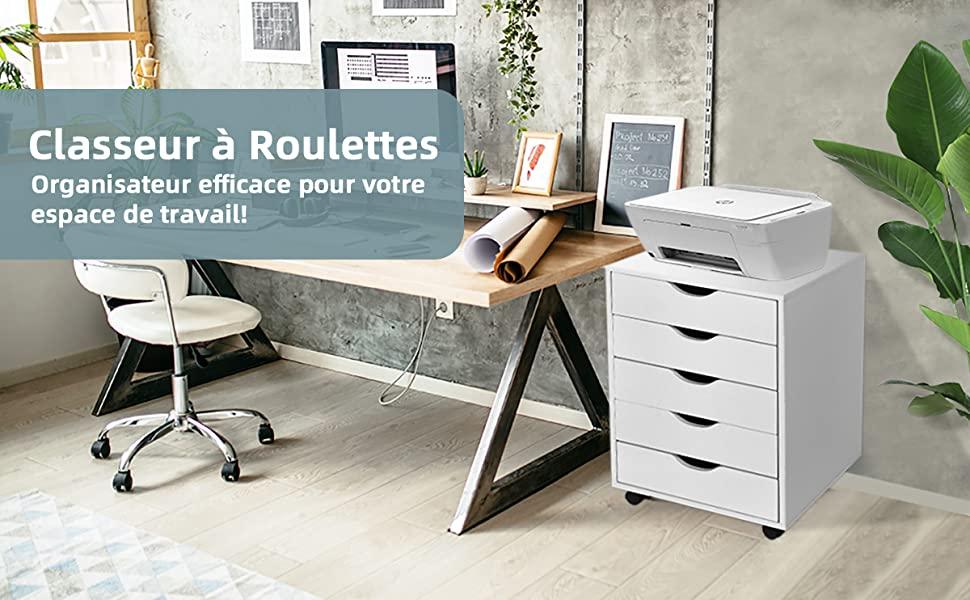 Caisson de Bureau avec 5 Tiroirs,48 x 40 x 66,5 CM Rangement Bureau a Roulettes avec Dispositif Anti-Basculement Blanc