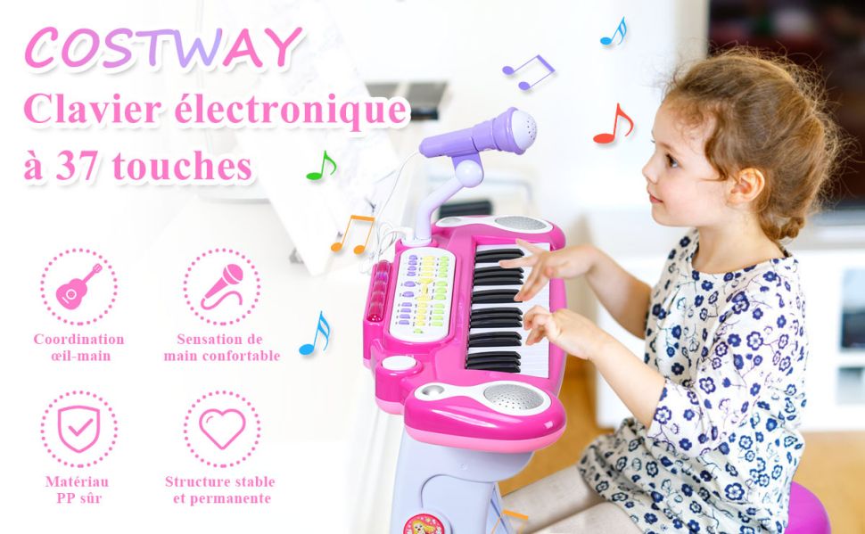 Clavier de Piano Electronique à 37 Touches pour Enfants avec Tabouret et Microphone  Rose - Costway