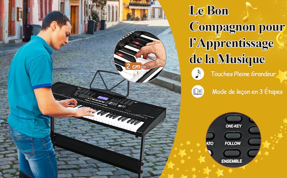Piano Électrique 61 Touches avec Microphone Support Tabouret et Écran LCD  92,5x34x10CM pour Enfants Débutants Adultes