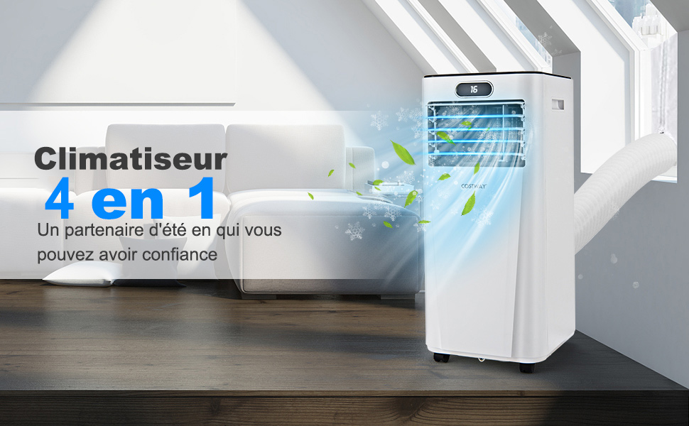  Climatiseur Mobile 4 en 1 Rafraîchissement Deshumidification Ventilateur 7000BTU avec 2 Ecrans LED Mode Veille 25㎡Minuterie