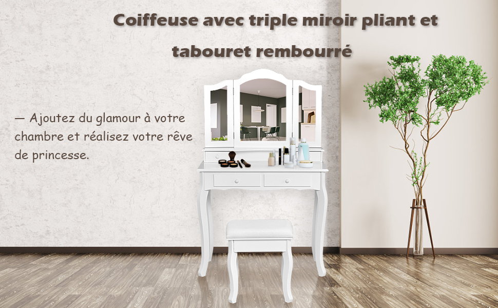 Coiffeuse Table de Maquillage avec 3 Miroirs Tournable et Tabouret 80x40x138cm