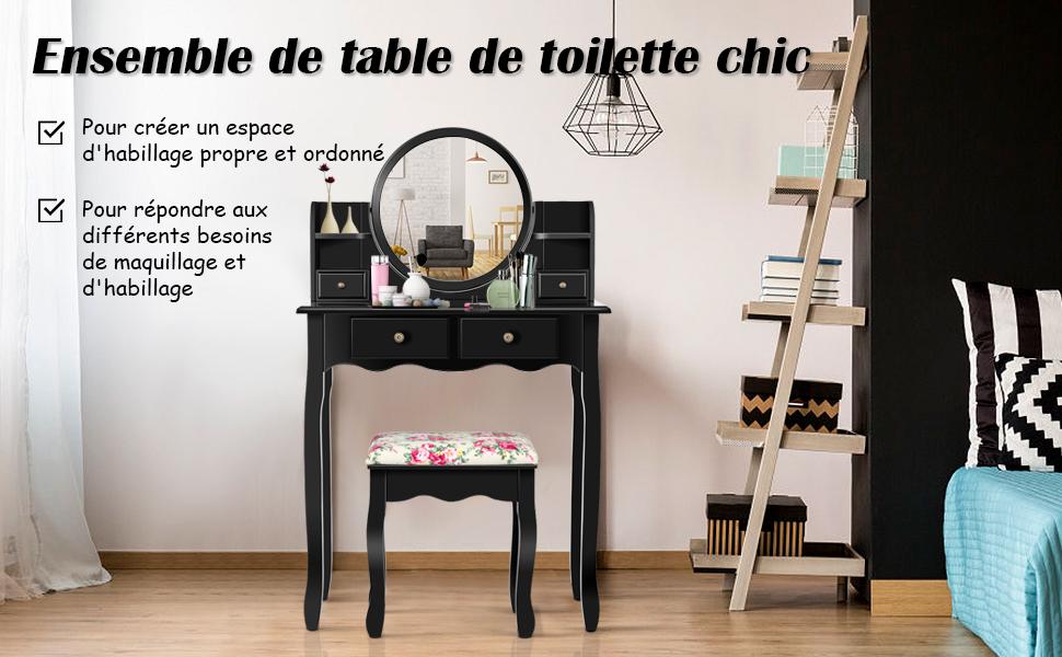 Coiffeuse avec Tabouret Table de Maquillage avec Dessus Amovible Miroir Pivotant a 360° 4 Tiroirs et 2 Etageres Noir